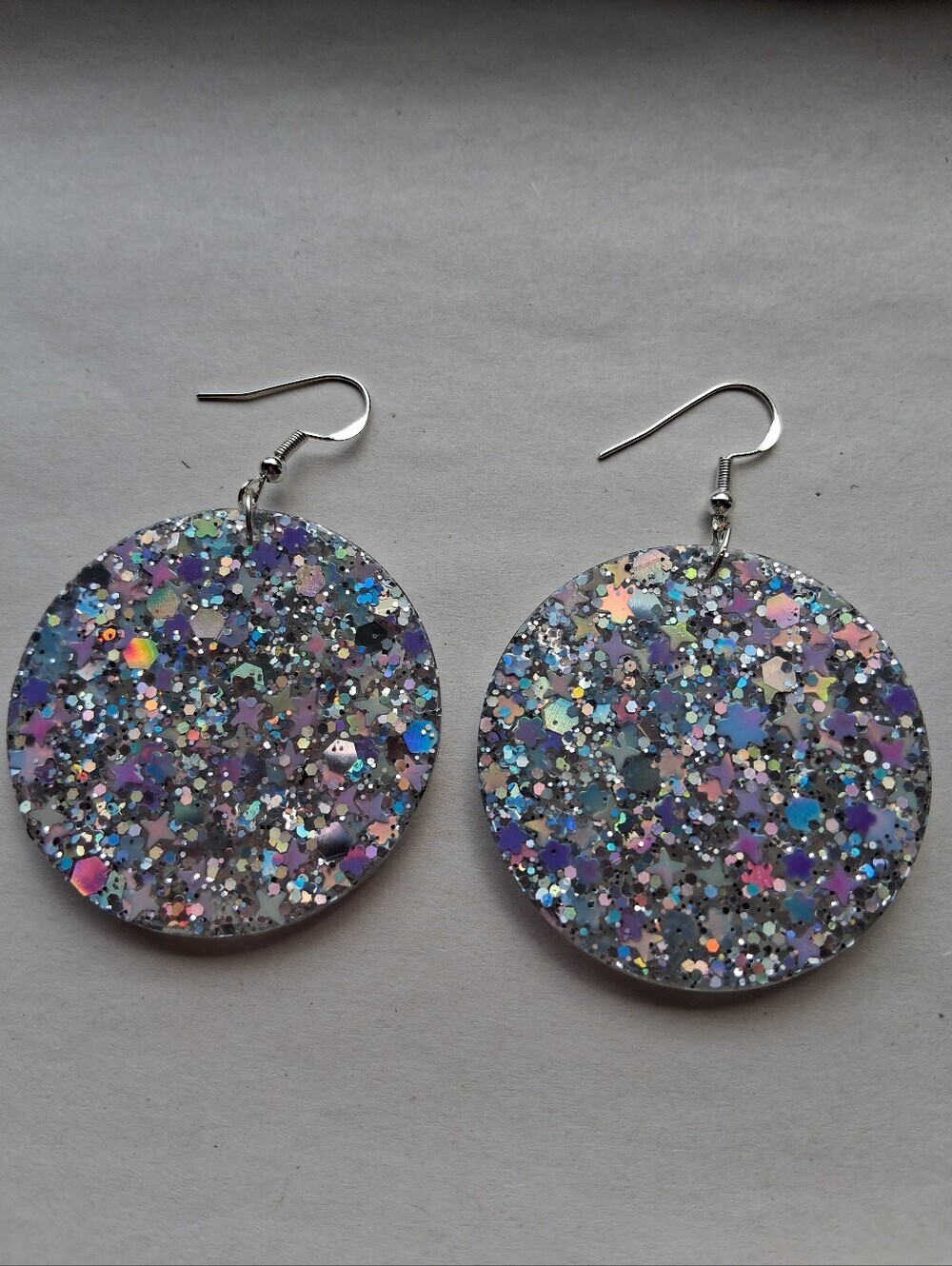 Sparkling Round Glitter Drop Earrings - Silver Holographic